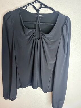 Express Black Long-Sleeve Keyhole Gathered Neck Blouse